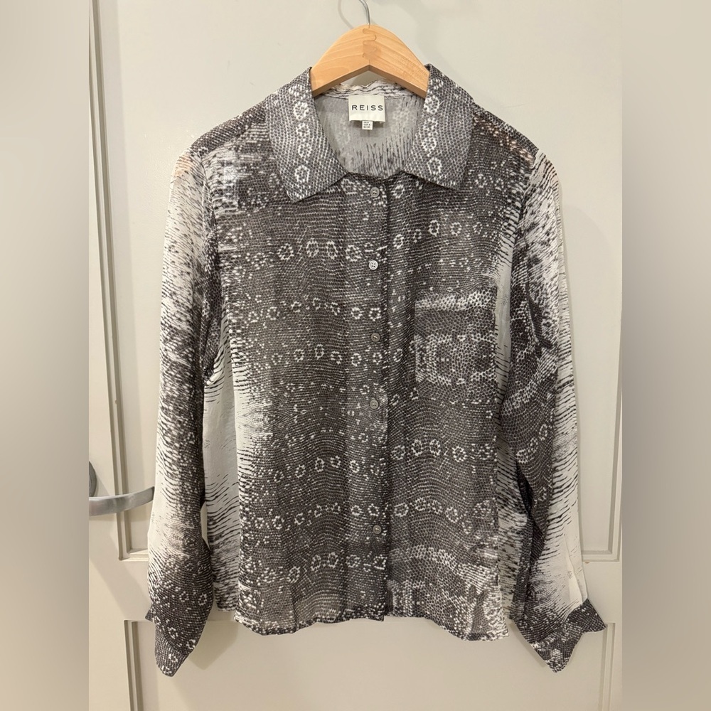 Reiss Eddi Silk Snake Print Grey & White Sheer Blouse US 4